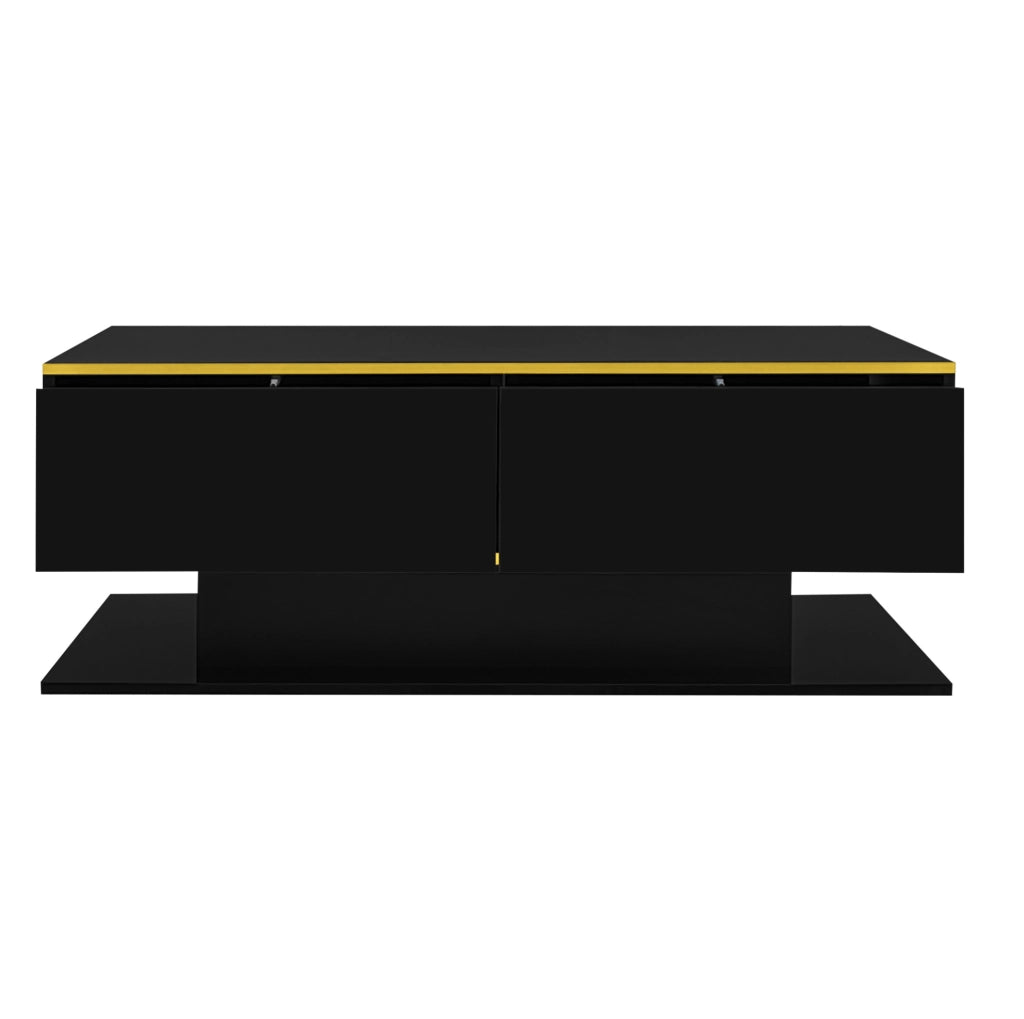 Tavolino da caffè moderno 100x50x40 cm nero con finiture oro, 3 cassetti e striscia LED USB
