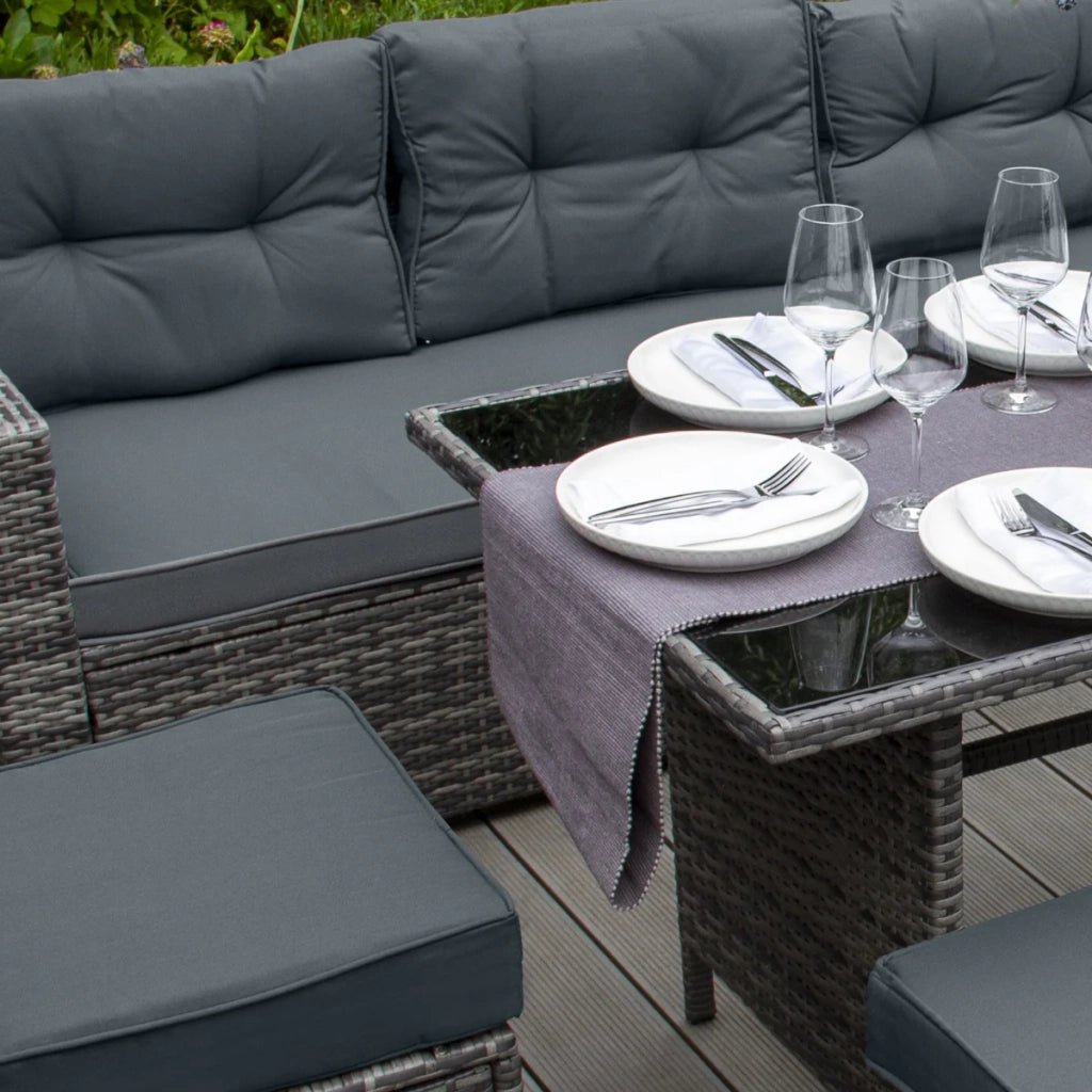 Set d'angolo in rattan Mobili da giardino Grigio Divano Sgabelli Tavolo Cuscini impermeabili 9 Posti