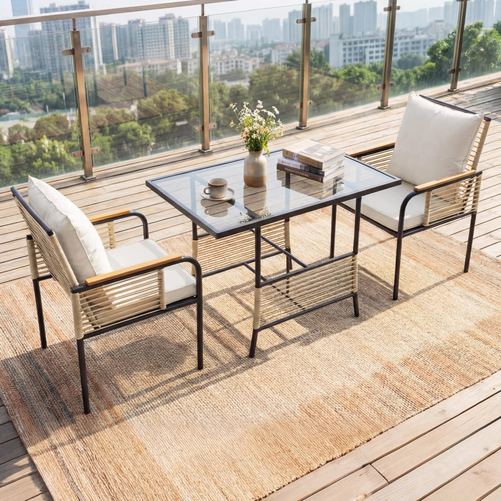 Set bistro vimini 3 pezzi rattan tavolo rettangolare sedie-Set pranzo esterni salvaspazio cuscini patio balcone veranda Bianco