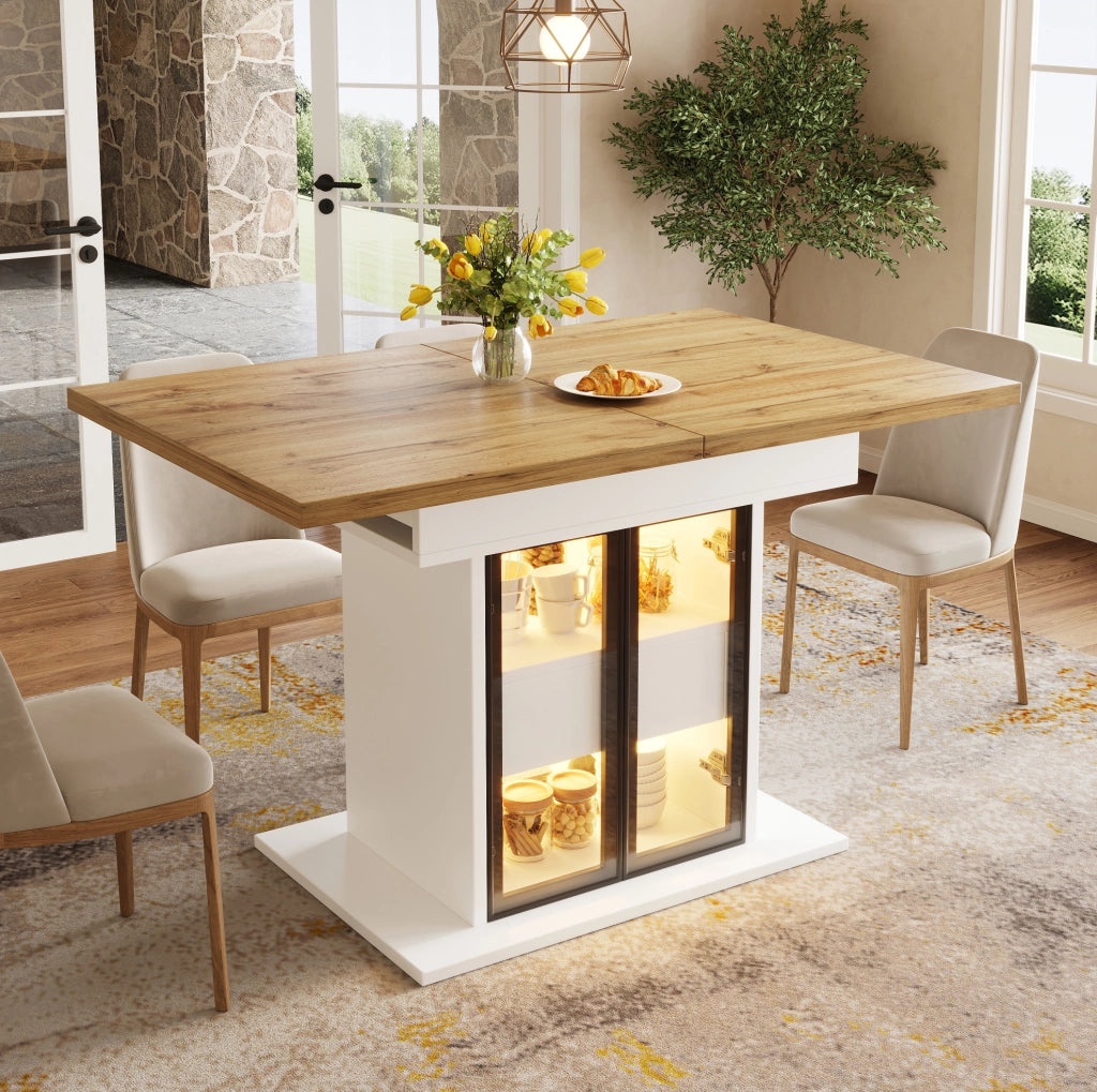 Tavolo allungabile da 110 a 140 cm con contenitore e luci LED; MDF e metallo; bianco