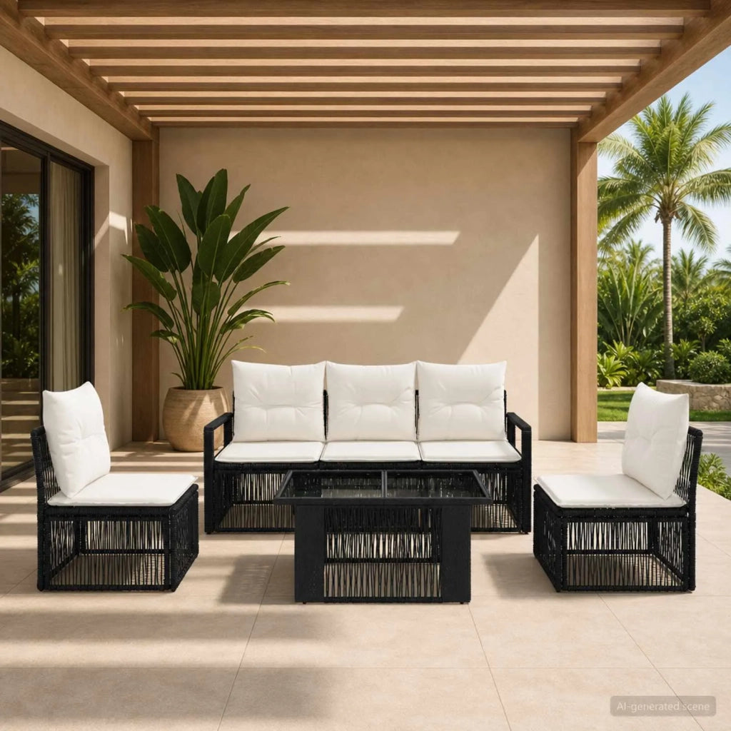 Set Divano da Giardino 6 pz Nero e Bianco Crema polyrattan 3437074