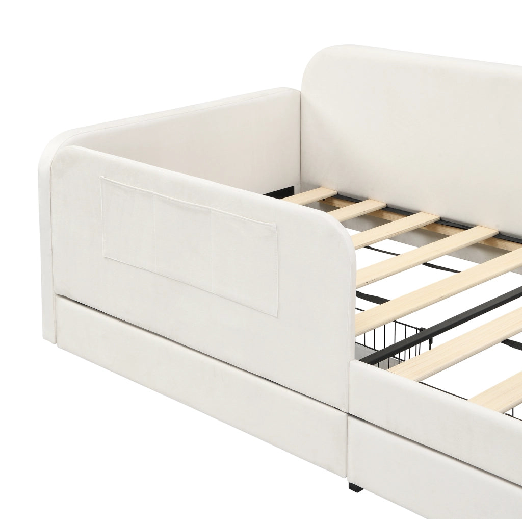 Letto imbottito 90x200 cm con contenitore e tasche in velluto bianco
