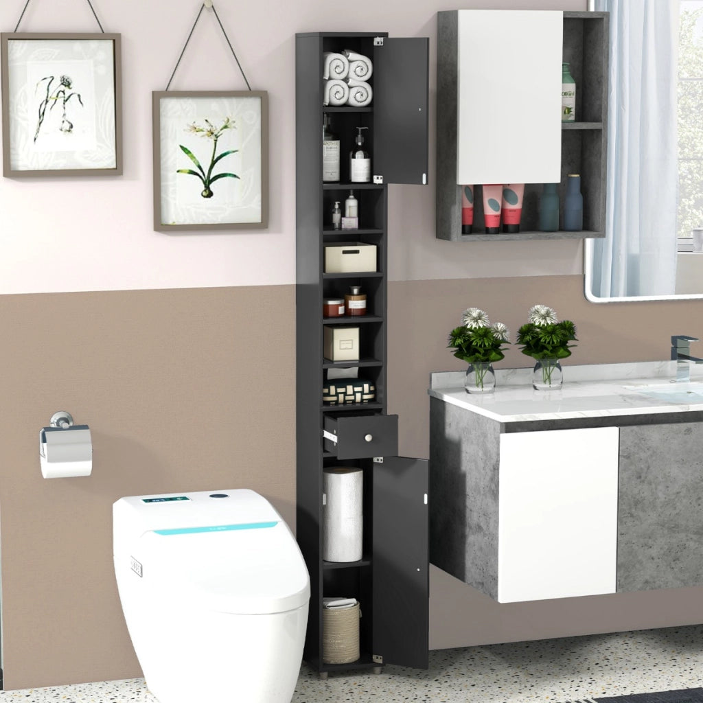 Mobile colonna da bagno con 2 ante 1 cassetto e 5 ripiani regolabili-Colonna bagno da terra salvaspazio Nero