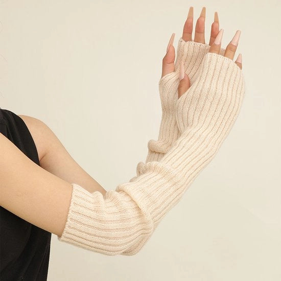 Mouwen da donna per inverno, modelli di guanti lunghi a maglia senza dita con fori per le dita, Bianco con macchie