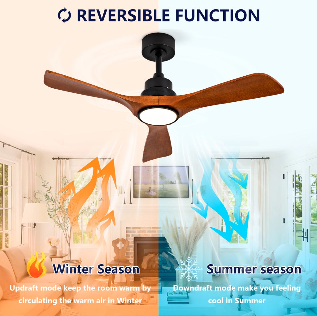 Ventilatore da soffitto con luce 42 pollici; 3 pale in legno noce; nero e noce scuro