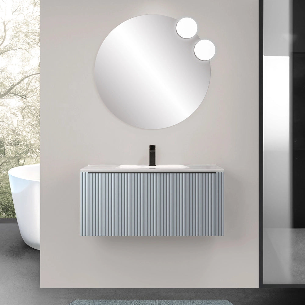 Mobile bagno sospeso 90 cm azzurro polvere cannettato con cassetto e lavabo Nara