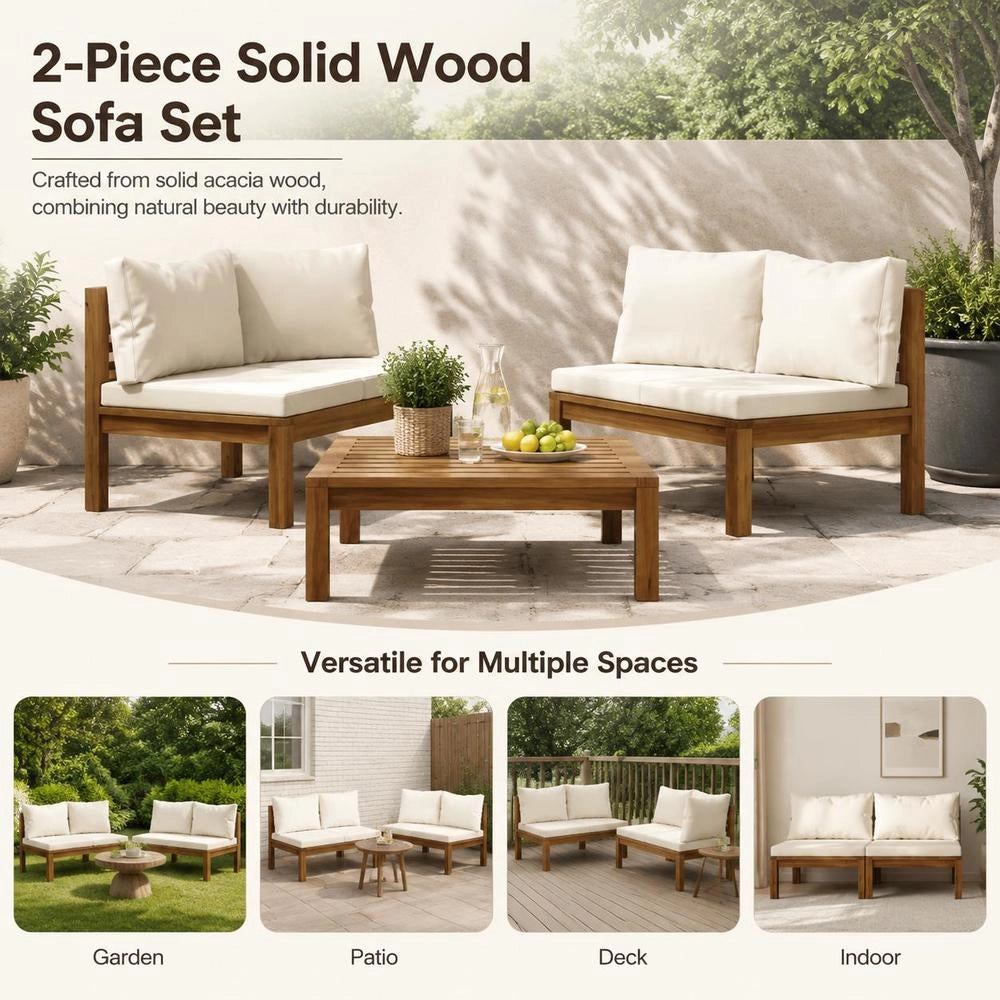 2-piece Sofa Set With Cream-white Cushions, Solid Acacia Wood