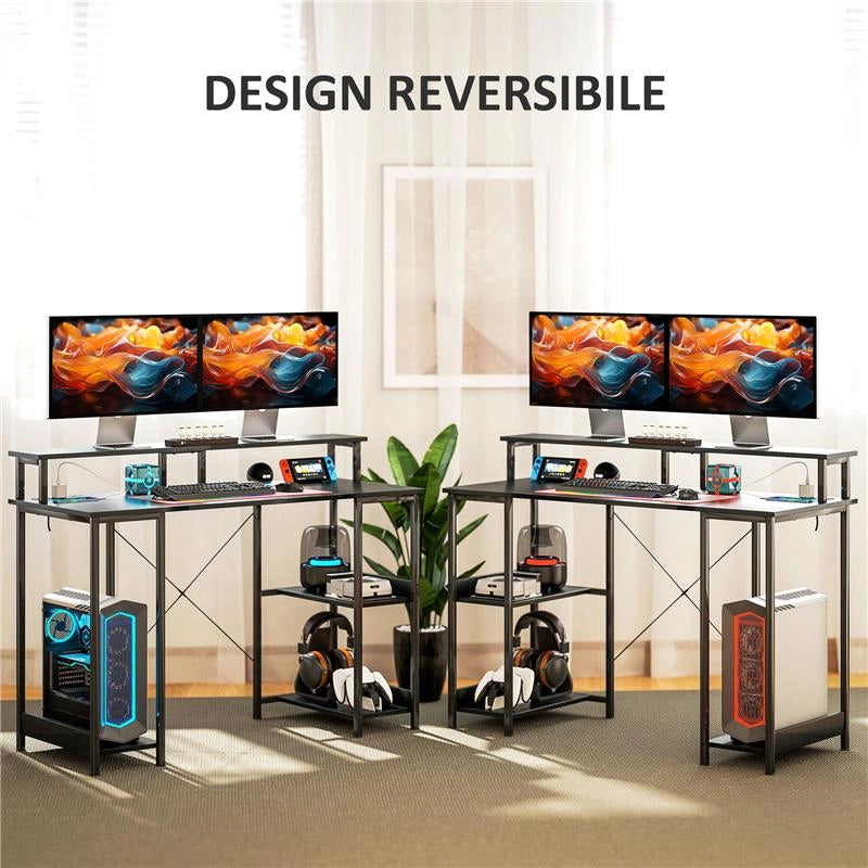 SCRIVANIA PER PC REVERSIBILE CON PRESE ELETTRICHE LUCI SUPPORTO MONITOR E SCAFFALE 120X50 CM NERO