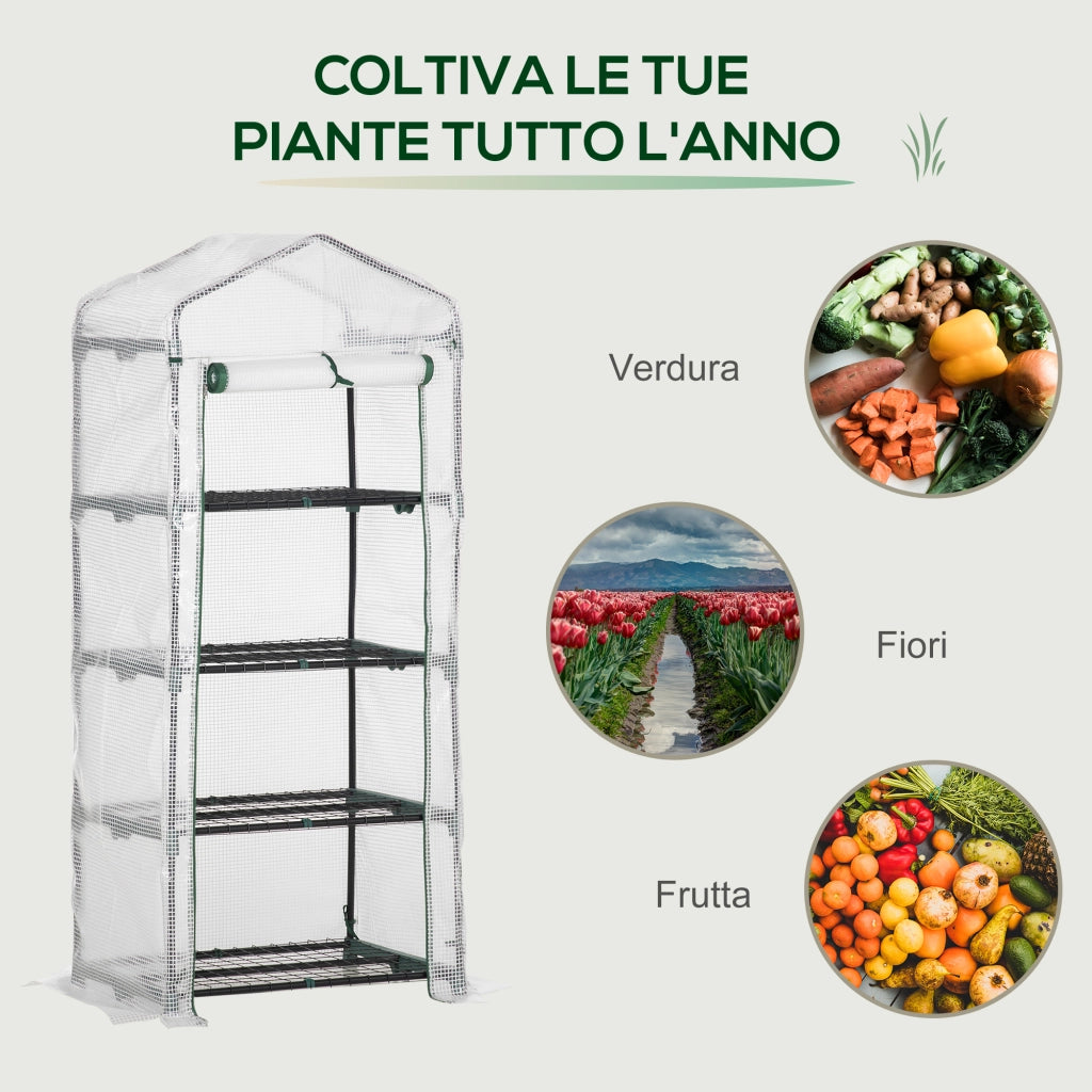 Serra per Piante Verticale con Scaffale a 4 Ripiani in Acciaio e PE Bianco, 70x50x160cm