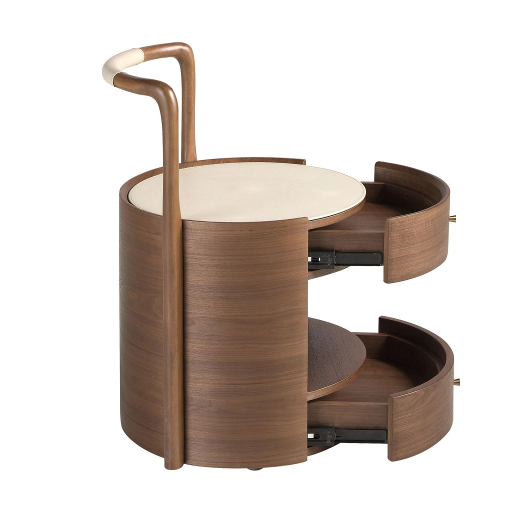 Comodino noce con piano in legno rivestito in similpelle color crema
