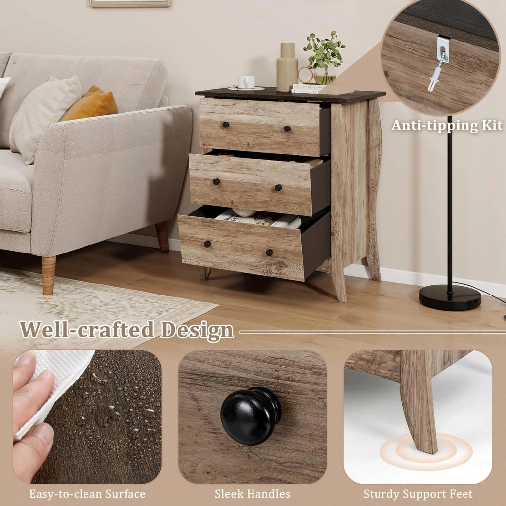 Cassettiera a 3 Cassetti Pieghevoli in Tessuto, Comò Camera da Letto in Legno, Mobiletto Cucina con Maniglie e Kit Antiribaltamento, Armadietto per Soggiorno, 67,5x38,5x76,5cm (Caffè)