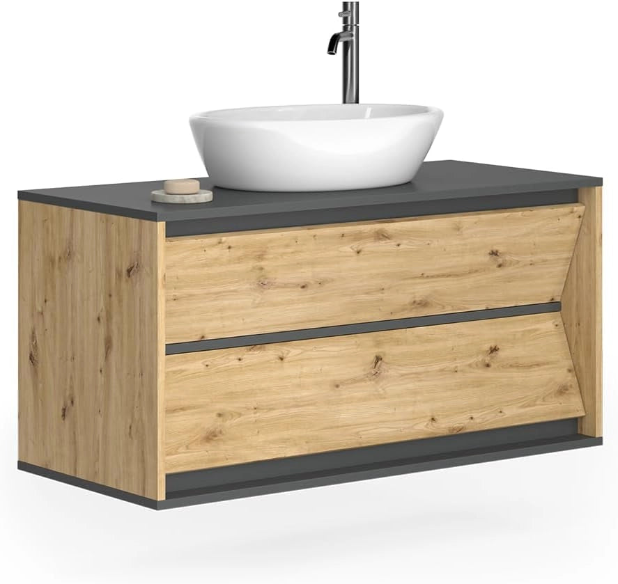 Mobile sottolavabo per bagno Edelin, Antracite/Artisan, 100 x 50 cm con 2 cassetti, per montaggio a parete e compatibile con sifoni standard