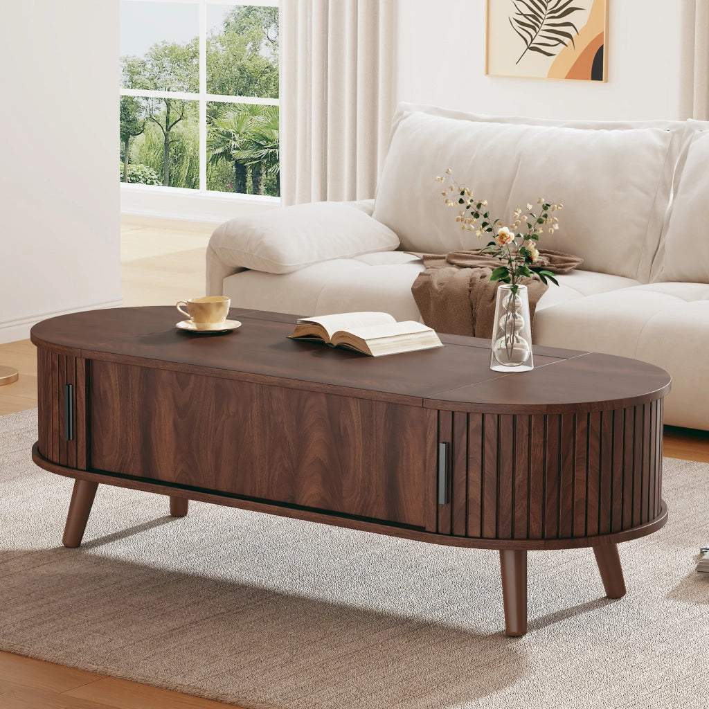 Tavolino basso sollevabile con vano contenitore nascosto e 4 vani, per soggiorno, in MDF, noce, 120 × 50 × 39,5 cm