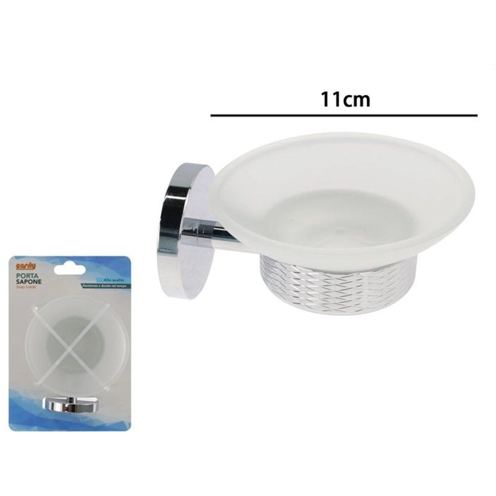 Trade Shop - Porta Sapone In Acciaio Lucido Con Piattino Vetro Satinato Accessori Da Bagno 87916 -