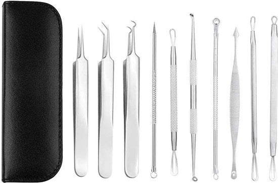 Kit di rimozione acne professionale da 10 pezzi - Estrattore in acciaio inossidabile - Rimuovitore di punti neri - Strumento igienico - Adatto per tutti i tipi di pelle - Incluso manuale di pulizia con istruzioni