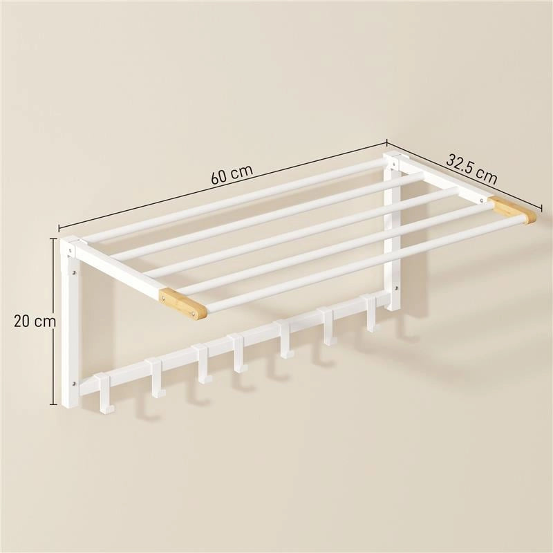 PORTASCIUGAMANI A PARETE PIEGHEVOLE CON 5 BARRE E 6 GANCI IN LEGNO E ACCIAIO, 60X32.5X20 CM, BIANCO