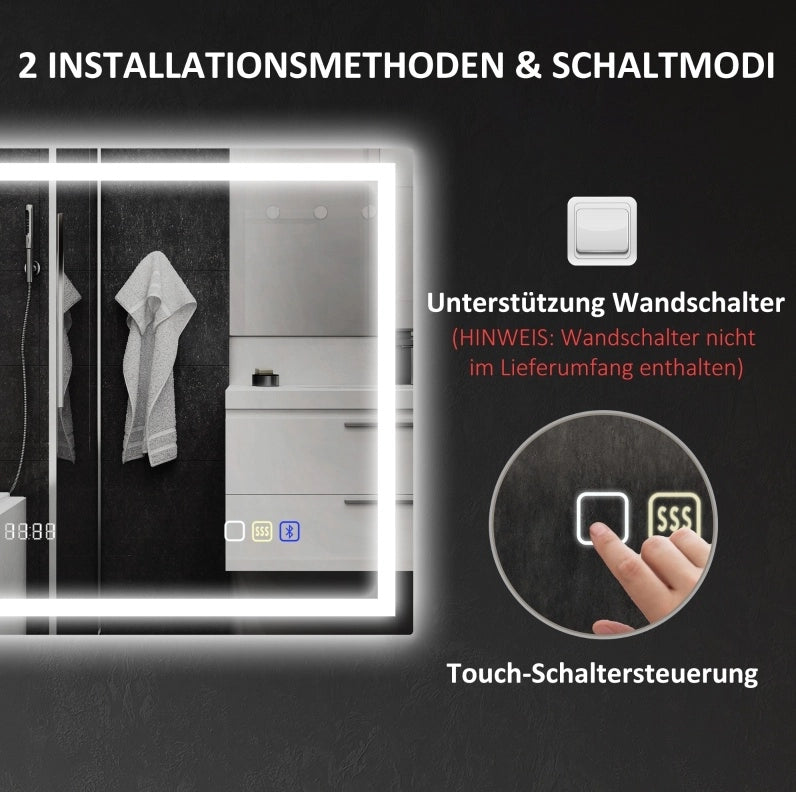 Specchio da bagno LED Bluetooth con orologio digitale e antiappannamento