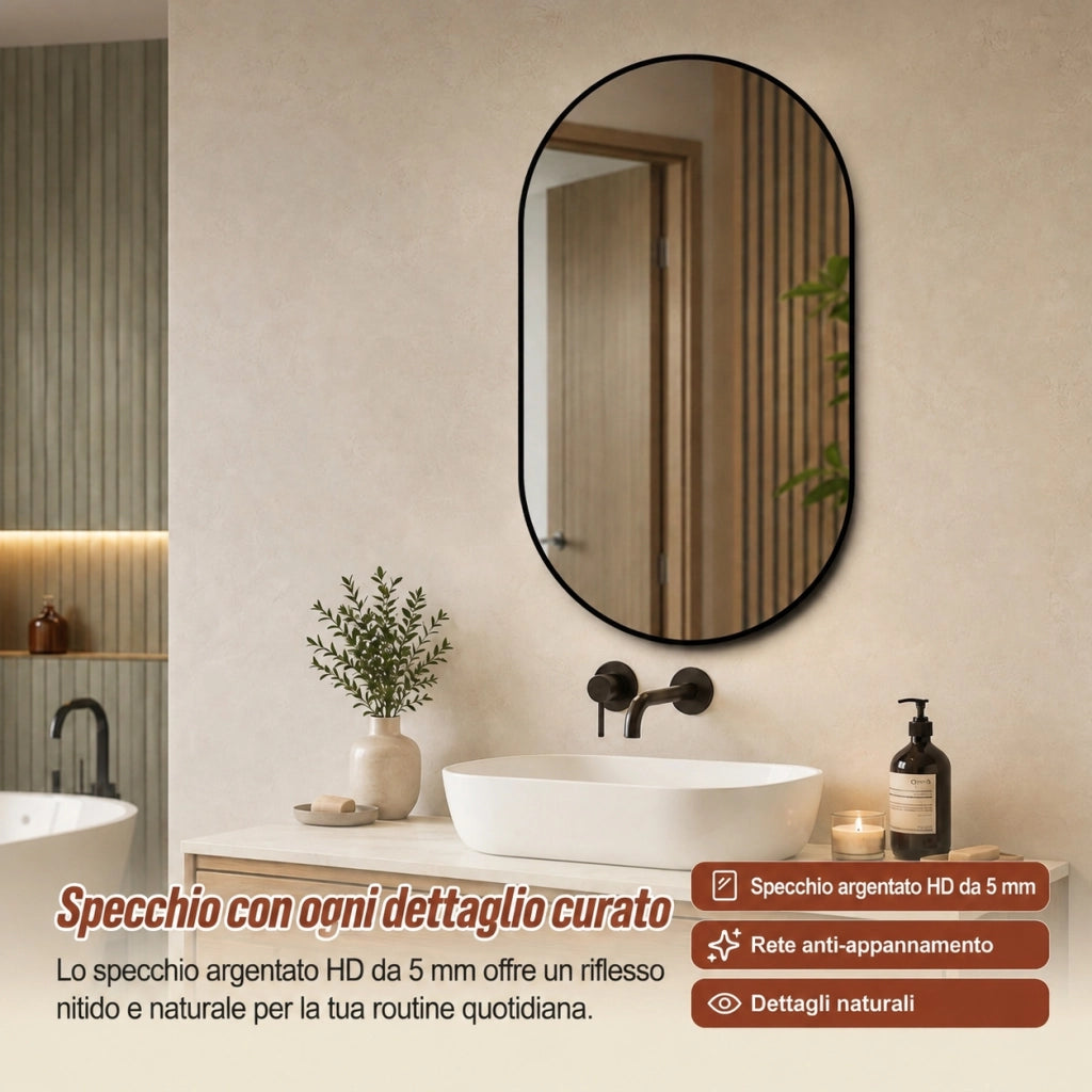 Specchio da parete ad arco 60x90 cm con cornice in alluminio nero; vetro antiesplosione