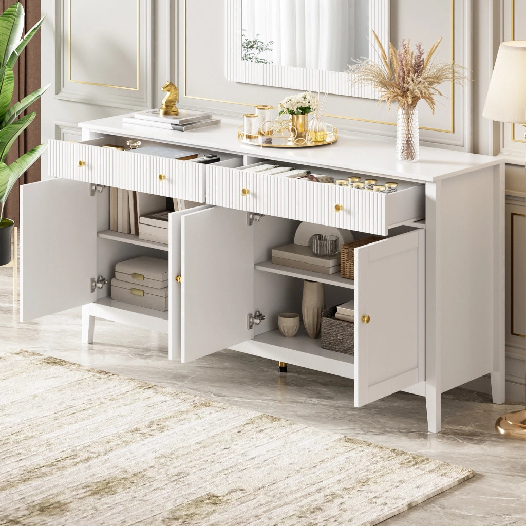 Credenza, 2 cassetti, 4 ante, maniglie in metallo, MDF, 160x40x82 cm, bianco