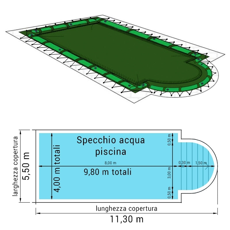 Copertura 15,50 X 7,50 M Invernale Standard Combi 240 Gr/m² Con Occhielli E Salsicciotti Per Piscine Rettangolari Con Scala Romana 14,00 X 6,00 M Dimensione piscina: 9.80 x 4.00 m