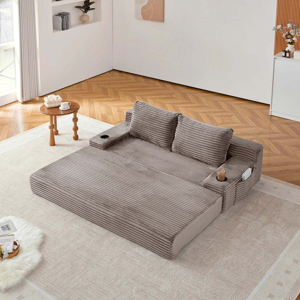 Divano letto 2 in 1 in velluto a coste marrone con portabevande laterali