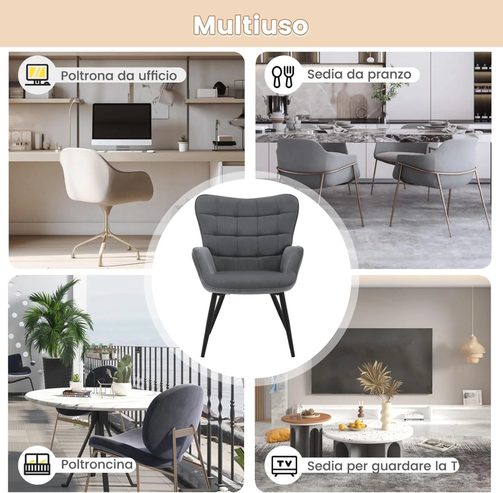 Poltrona Relax ad Ala, Poltrona Salotto Braccioli Alti, Sedia Poltrona per Camera da Letto, Soggiorno, Sedile in Velluto a Coste, Gambe in Metallo, Motivi a Quadri, Grigio Scuro, SKS31dgr