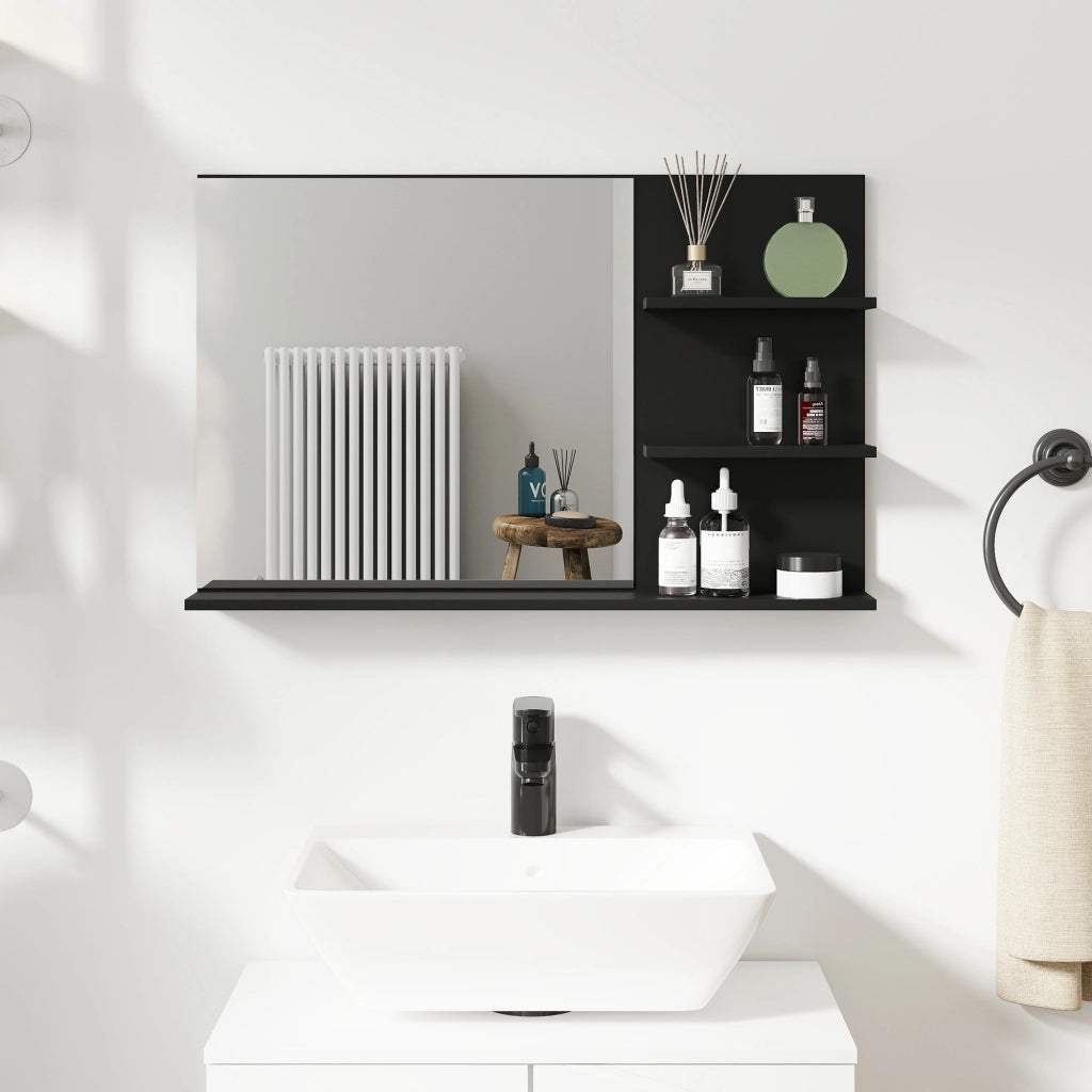 Specchio Bagno da Parete 75x10x48 cm con Mensole in Legno e Vetro Nero
