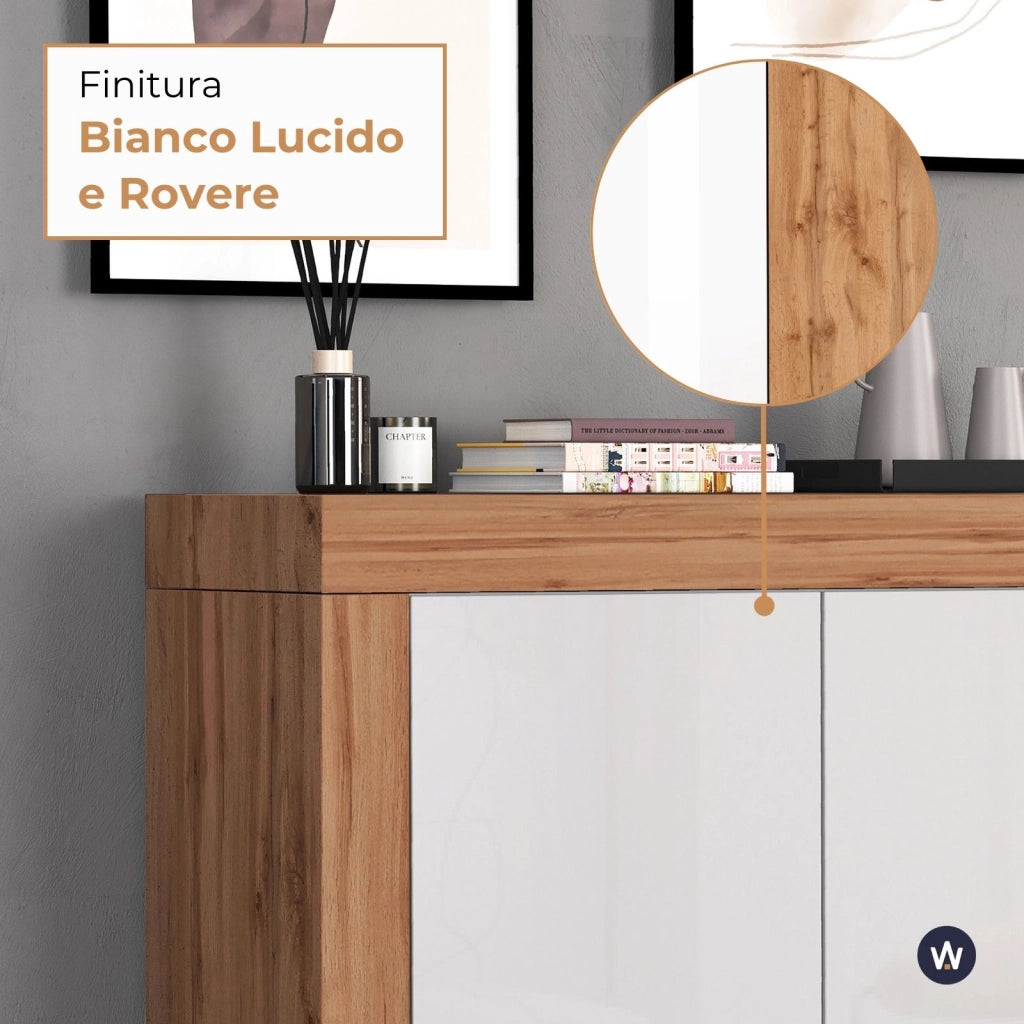WHOUS Madia Chronos a 4 ante bianco lucido e rovere 140x40x130 cm