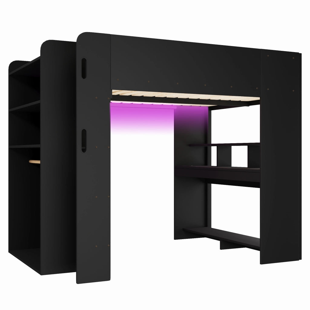 Letto a soppalco 140x200 cm con scrivania; armadio; LED e vani nero