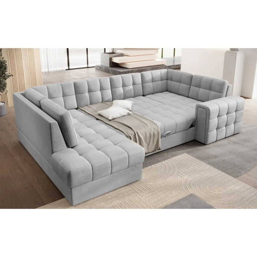 Divano angolare convertibile MONTEZA grigio sinistro 299 cm con contenitore e letto