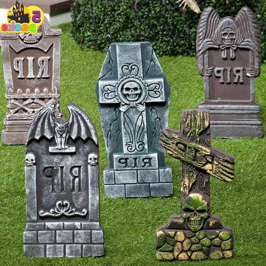 Decorazioni per Halloween - 17" Steccati di plastica per cimitero - 5 pezzi - tavolo di giardino per lapidi decorative - 10 paline in metallo bonus - decorazioni per giardino di Halloween - Steccati RIP