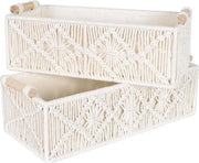 Organizzatore di tessuti a mano con maniglie macramé di cotone (bianco)