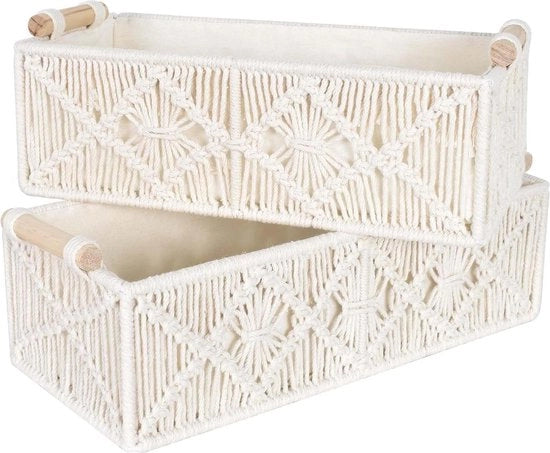 Organizzatore di tessuti a mano con maniglie macramé di cotone (bianco)