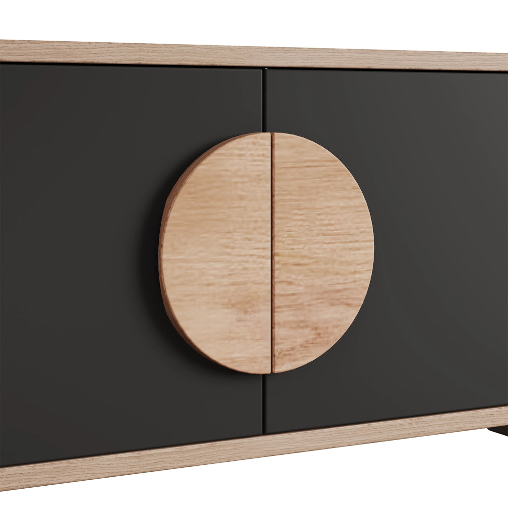 Mobile porta televisore 180 cm nero e finitura legno con tre ante e vani aperti capienti