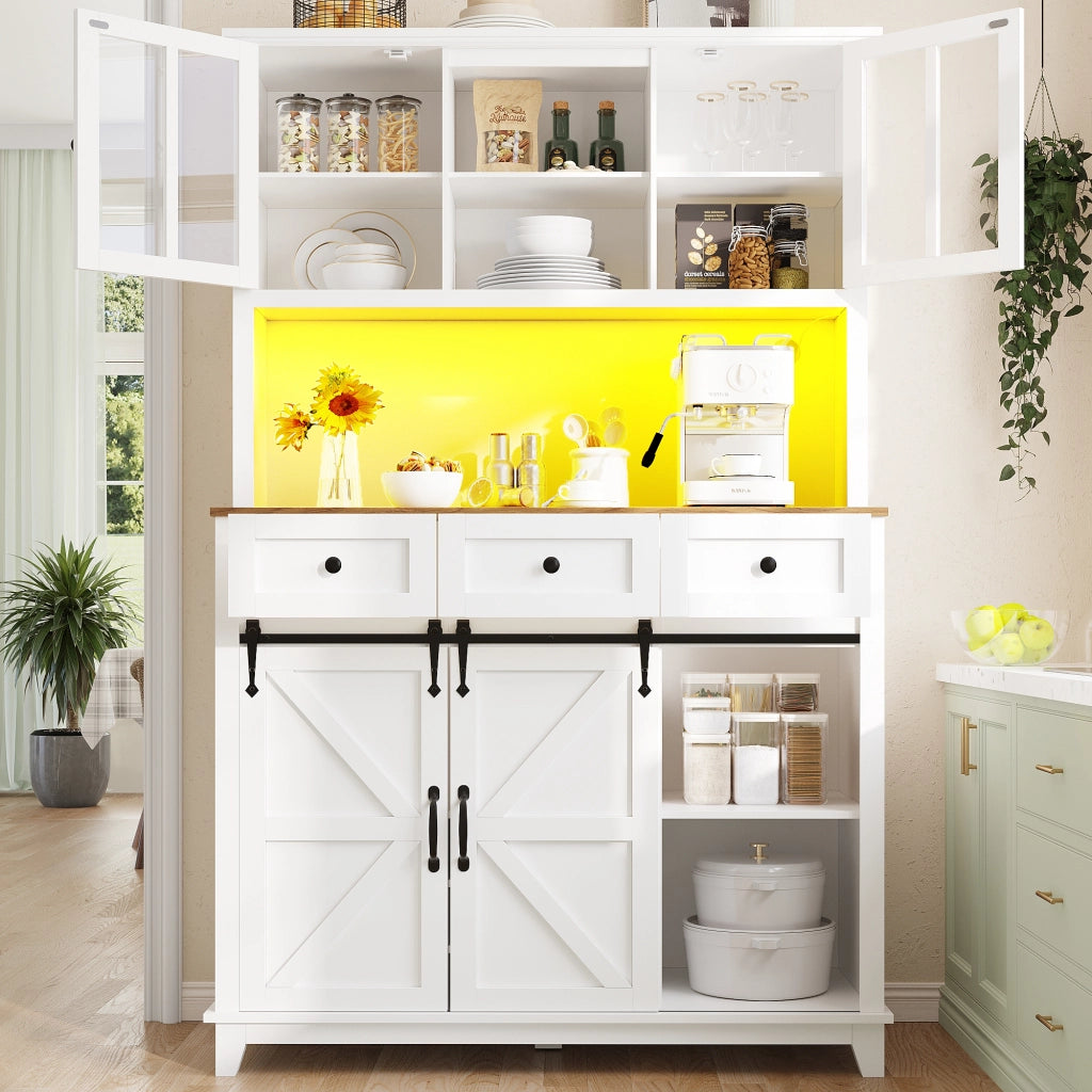Credenza Alta da Cucina con Ante in Vetro; Ripiani Regolabili e LED; per Cucina; Bianca; 105x38;4x180 cm
