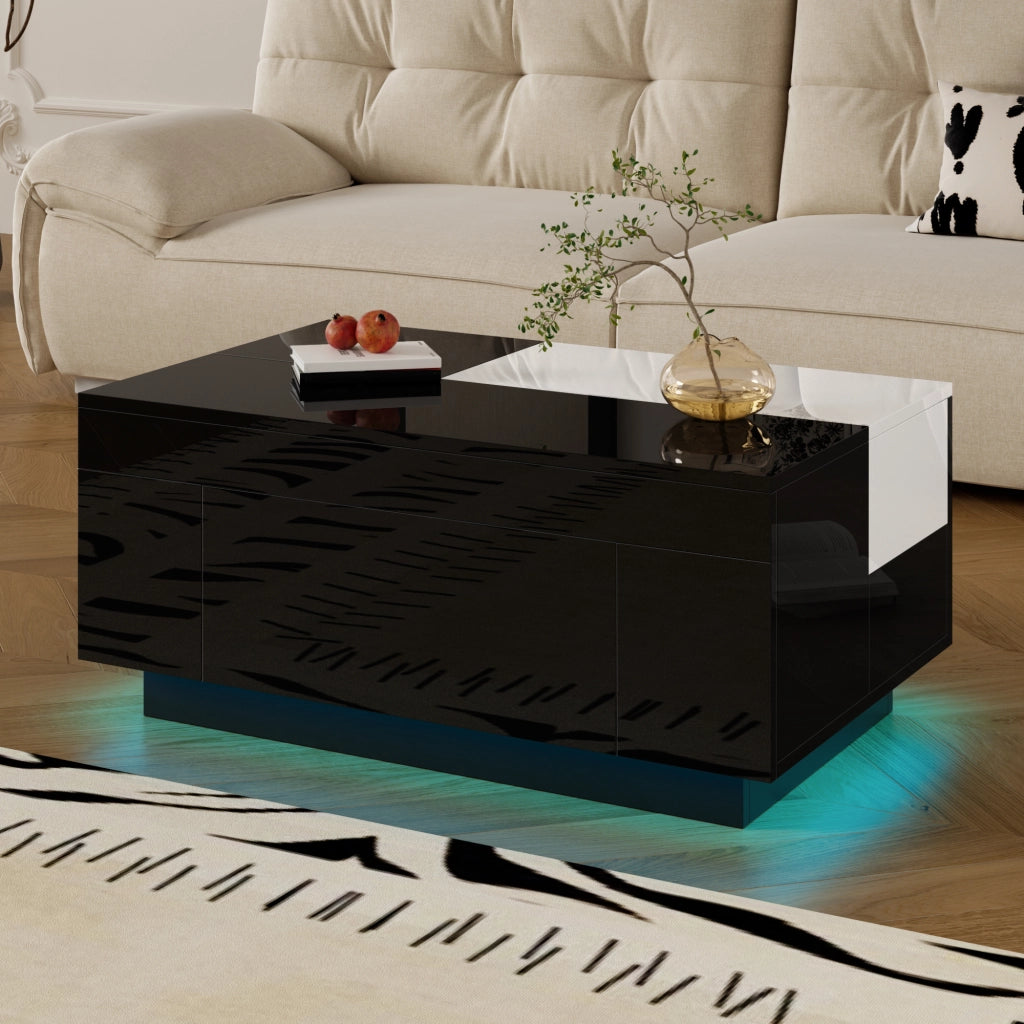 OKWISH Tavolino da Caffè Moderno con Piano Estensibile e Cassetto Nascosto, LED Bluetooth, per Soggiorno, MDF, Nero e Bianco, 80×50×35,5 cm