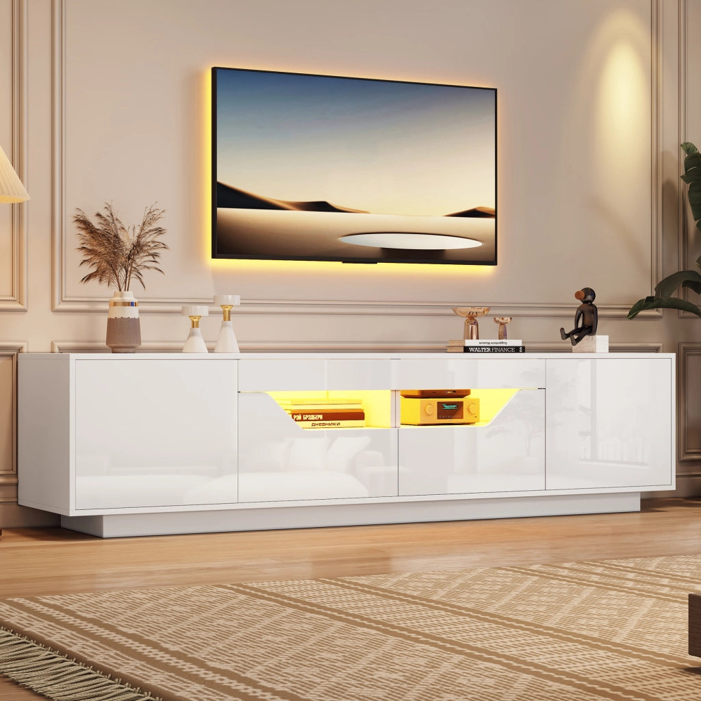 Mobile TV da Terra con 2 Ante; 2 Cassetti e LED; Frontale Lucido; per Soggiorno; 180??40??45 cm; in Truciolare; Bianco