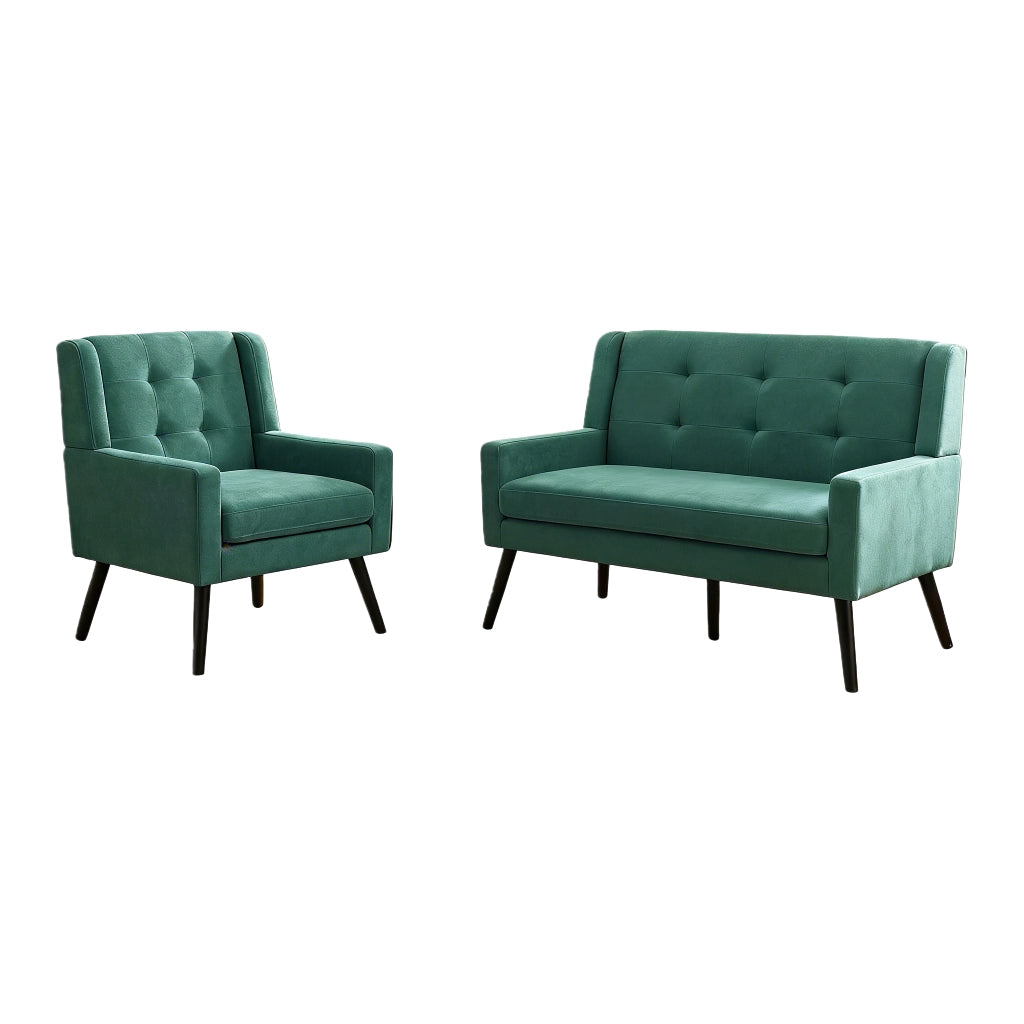 Fauteuil set da 2 con lavorazione capitonné e cuscini in schiuma ad alta densità verde retro per soggiorno e studio