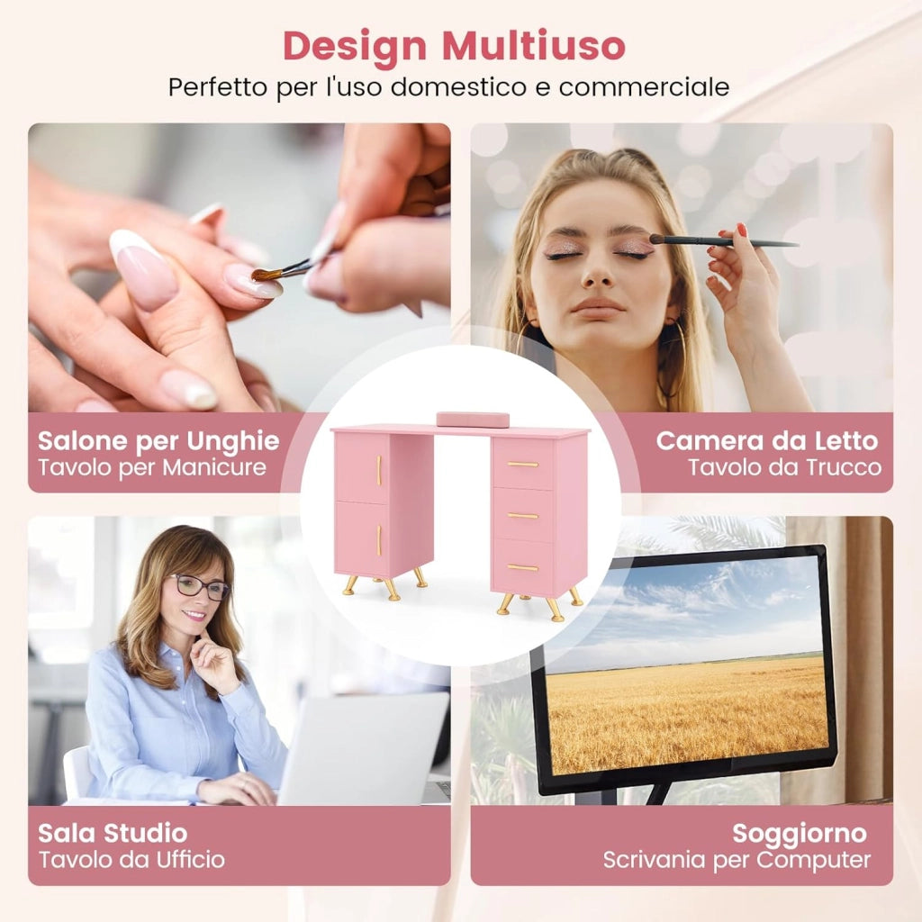 COSTWAY Tavolo per Manicure, Tavolo per Unghie con Cassetti, Cuscino Poggia Polsi e Gambe in Metallo, Stazione per Unghie Estetista Nail Art per Salone di Bellezza (Rosa)