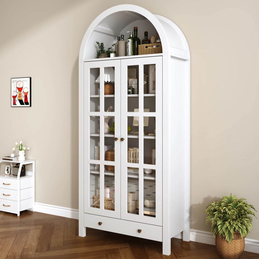 Vetrina ad arco con ripiani e 1 cassetto; per soggiorno; in MDF; 75×35×170.5 cm; bianco