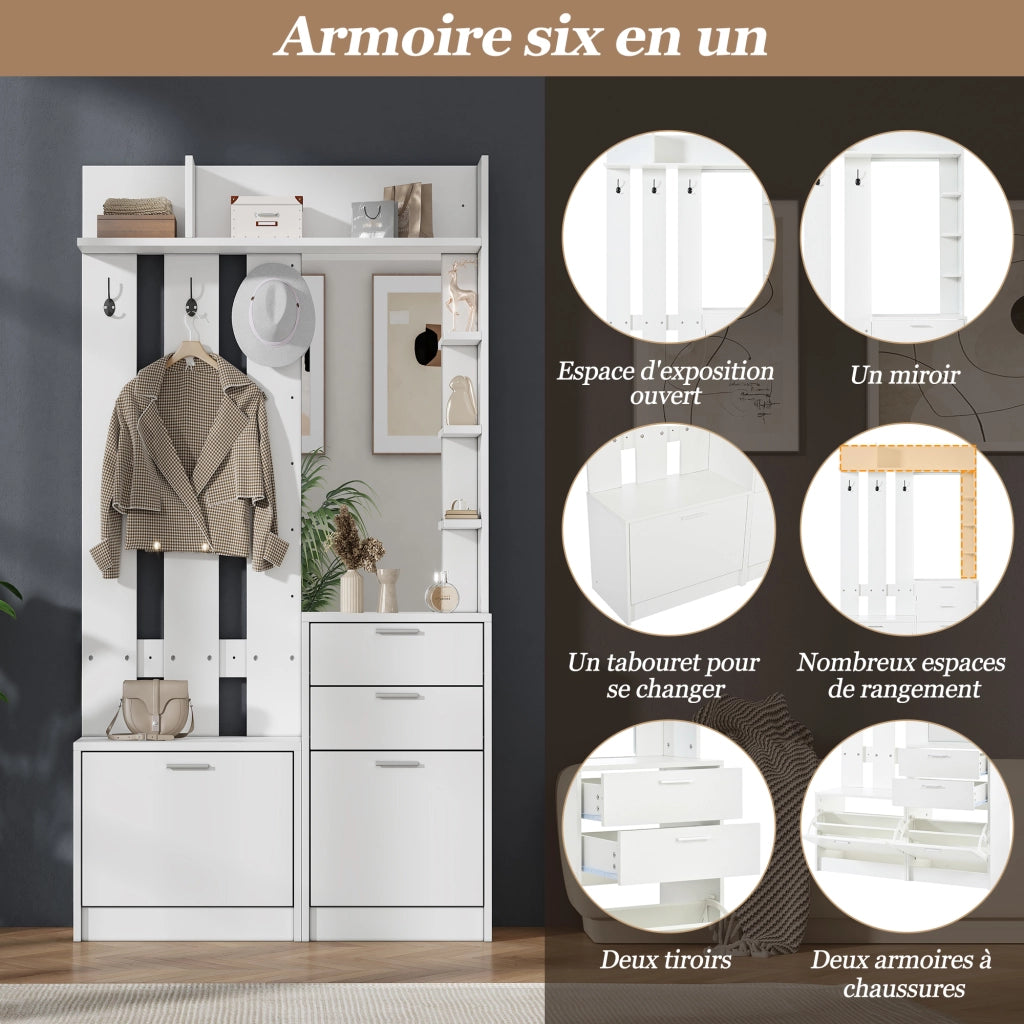 Appendiabiti con specchio; 2 cassetti; 2 scarpiere; 3 ganci e ripiani per ingresso 110 Ã— 34 Ã— 185 cm
