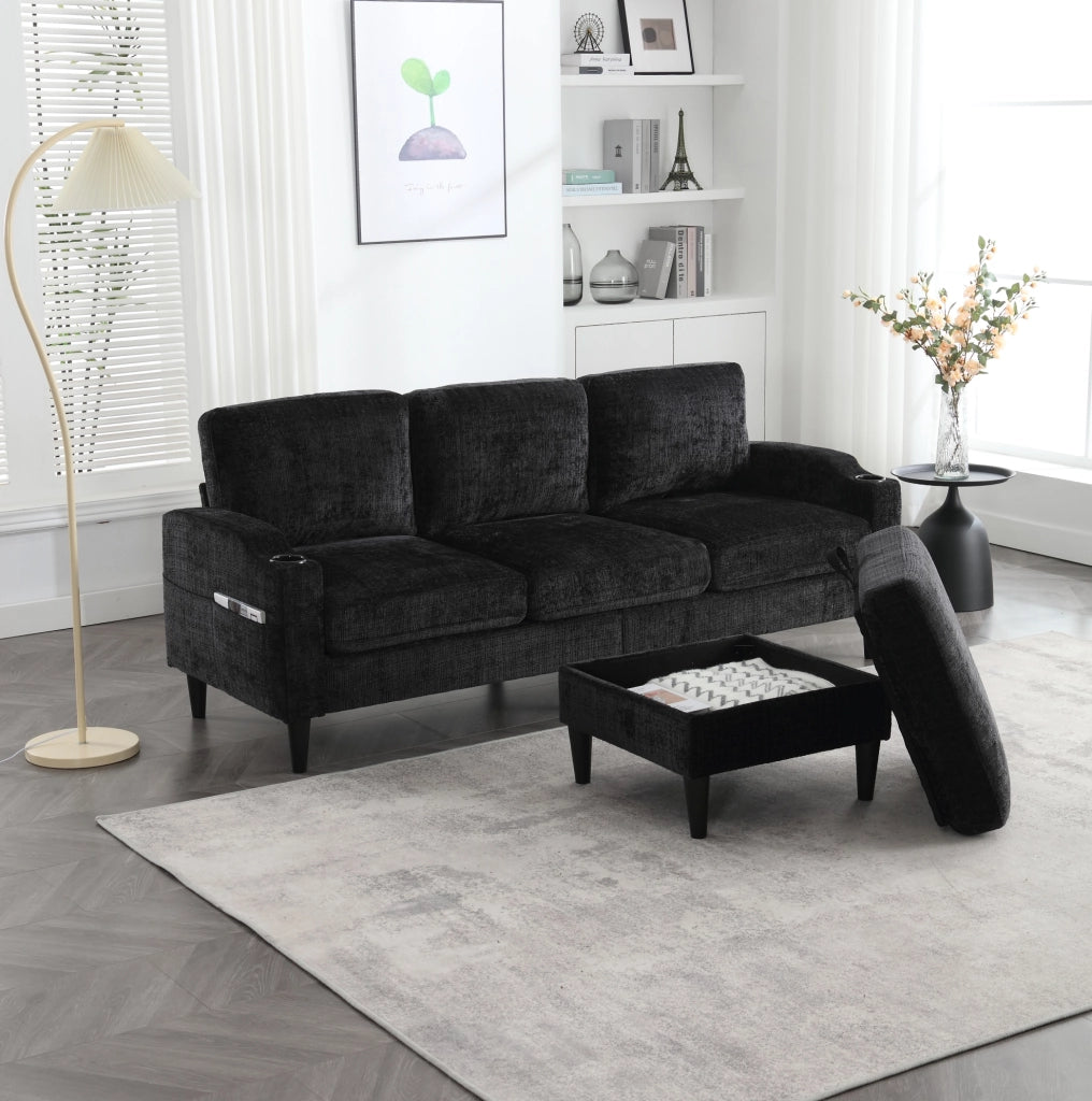 Divano 4 posti con pouf contenitore 196.5x75x77 cm in chenille nero