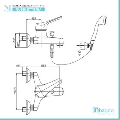 Set miscelatori lavabo bidet e vasca con kit doccia cromati Piralla Ariel scarico incluso