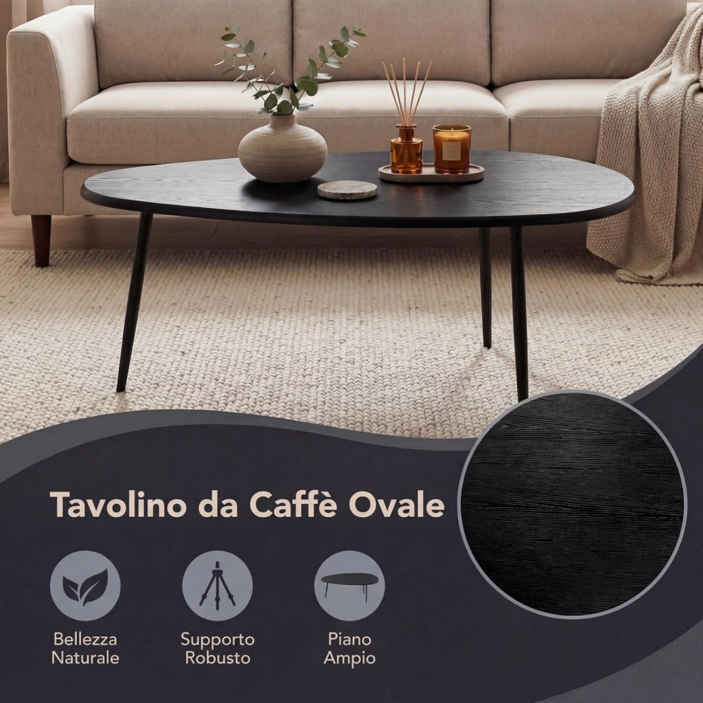 Tavolino da Caffè Mid-Century Moderno, Tavolino d'Accento Ovale Irregolare con Gambe in Metallo, Tavolino Compatto per Soggiorno, Ufficio Domestico, Angolo Lettura, Facile da Montare (Nero)