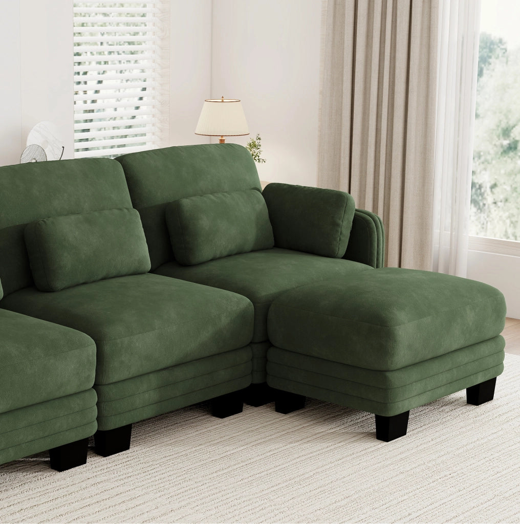 Divano modulare in ciniglia verde con pouf separato e cuscini lombari e bracciolo