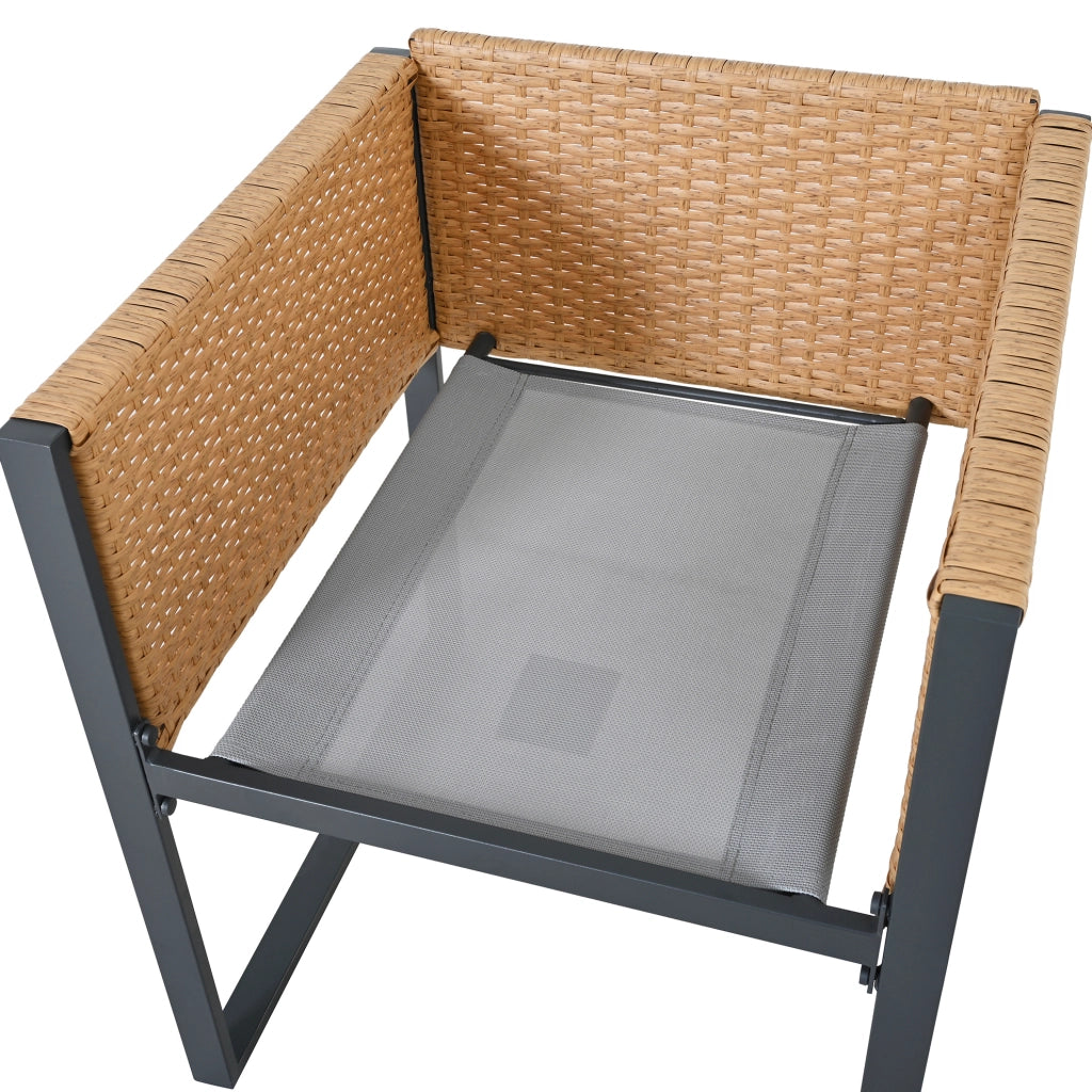 Set da pranzo da esterno in rattan PE con tavolo in vetro temperato e 6 sedie; nero e marrone