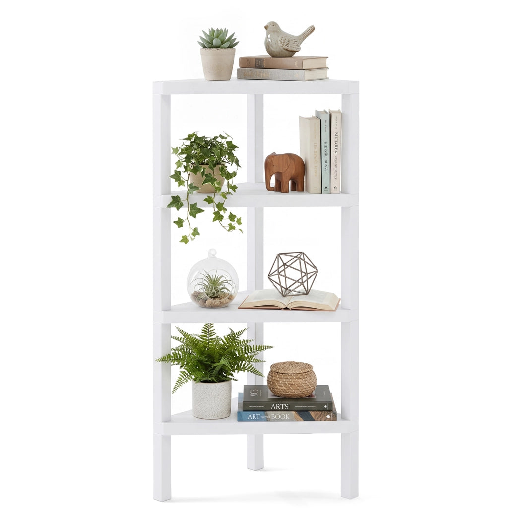 Supporto scaffale ad angolo a 4 ripiani con scaffali a doghe aperte, Libreria moderna per casa e ufficio Bianco