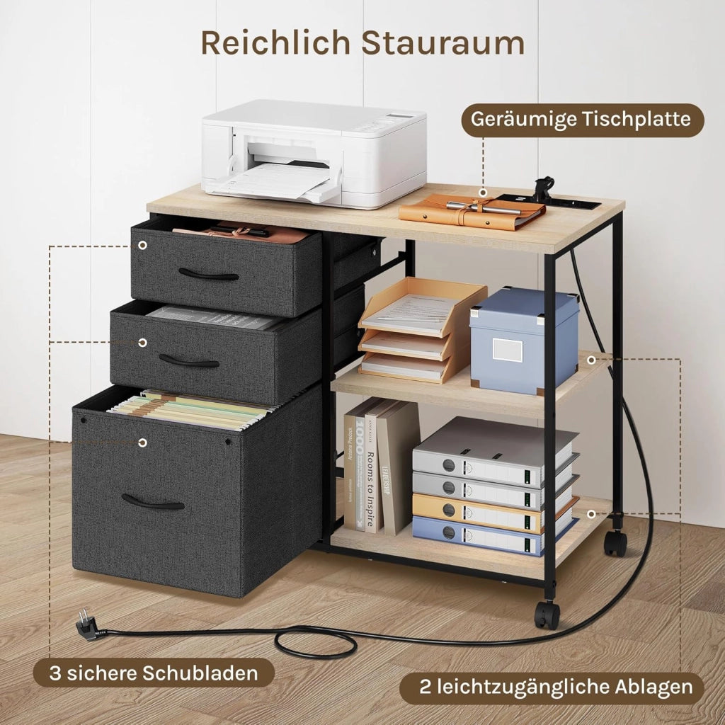 Cassettiera da Ufficio, Armadietto con 3 Cassetti e 2 Ripiani, Schedario da Ufficio con Ruote, Porta Stampante con Sezione di Ricarica, in Legno e Metallo, Rovere Chiaro, ASK07hei