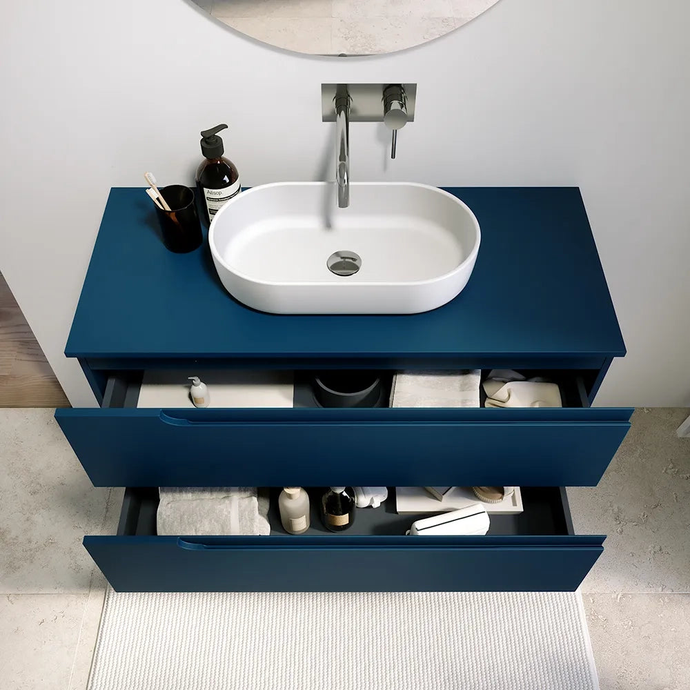 Mobile bagno sospeso 60 cm due cassetti blu zaffiro opaco con top | Ardenne