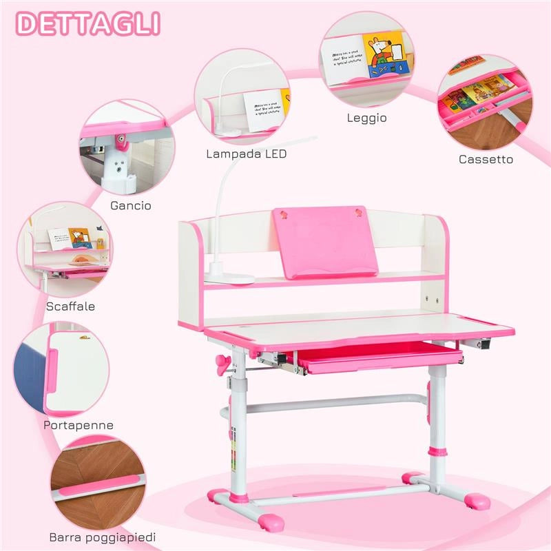 BANCO SCUOLA PER BAMBINI 6-12 ANNI REGOLABILE CON LUCE LED LEGGIO E PORTAPENNE IN MDF PP E ACCIAIO ROSA